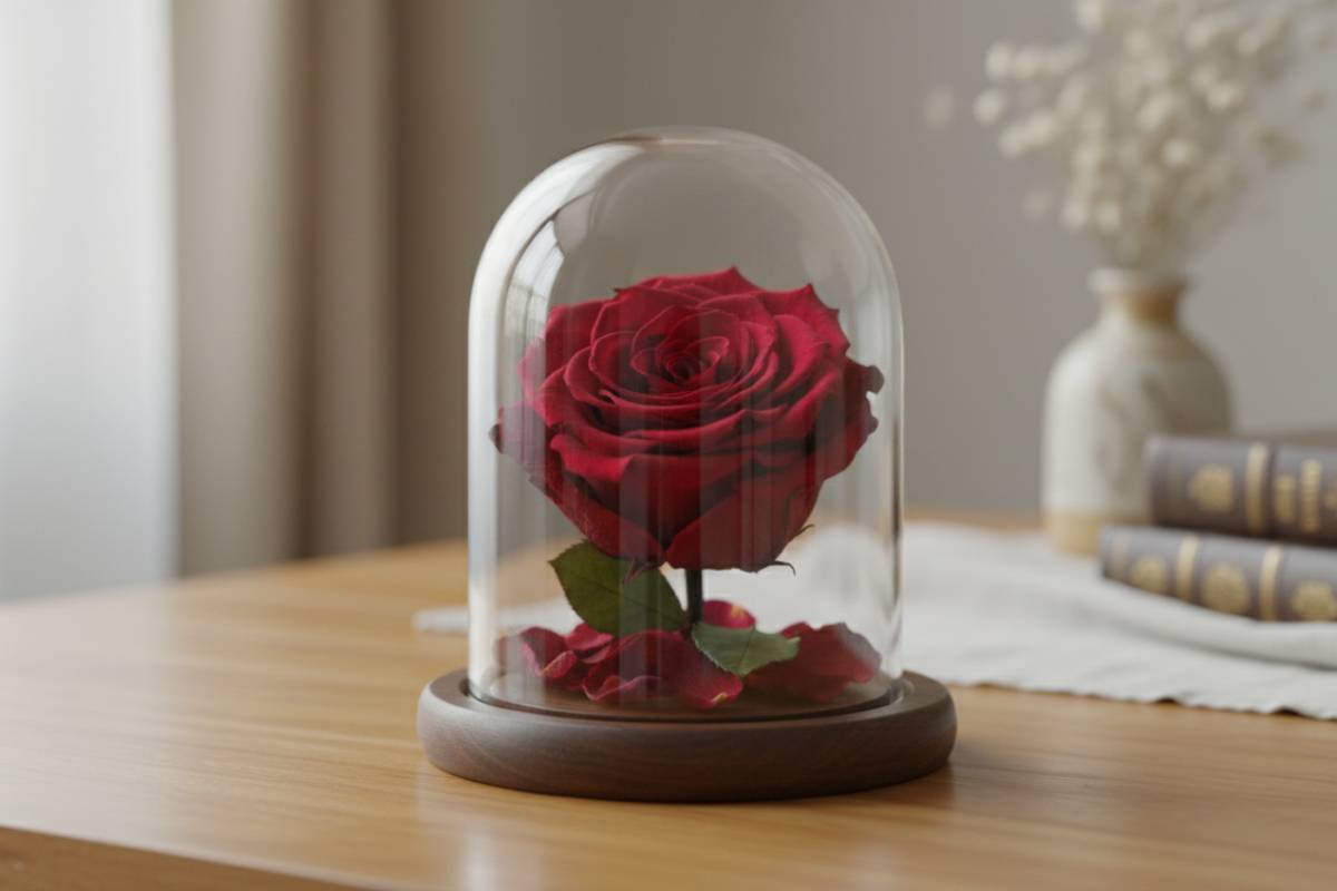 rose éternelle sous cloche