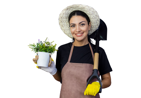 femme jardinier tablier chapeau tenant pelle plante pot.png