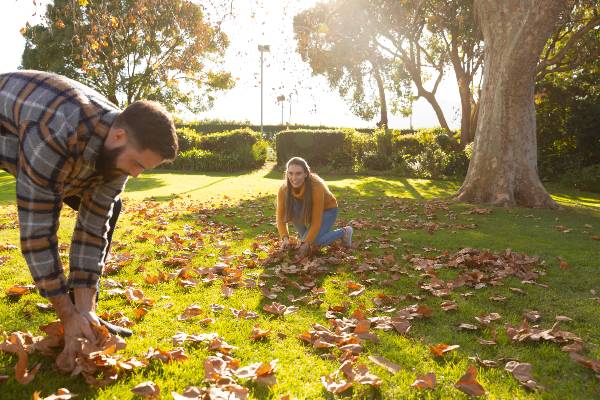 couple ramassant feuilles mortes dans jardin